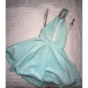 Bebe Aqua Halter Dress with Embellished Neckline